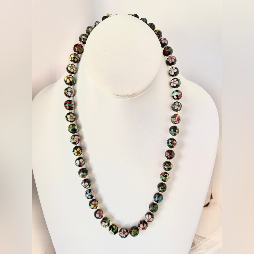 Vintage 1940s Cloisonn Bead Necklace Black 21 Long 38$